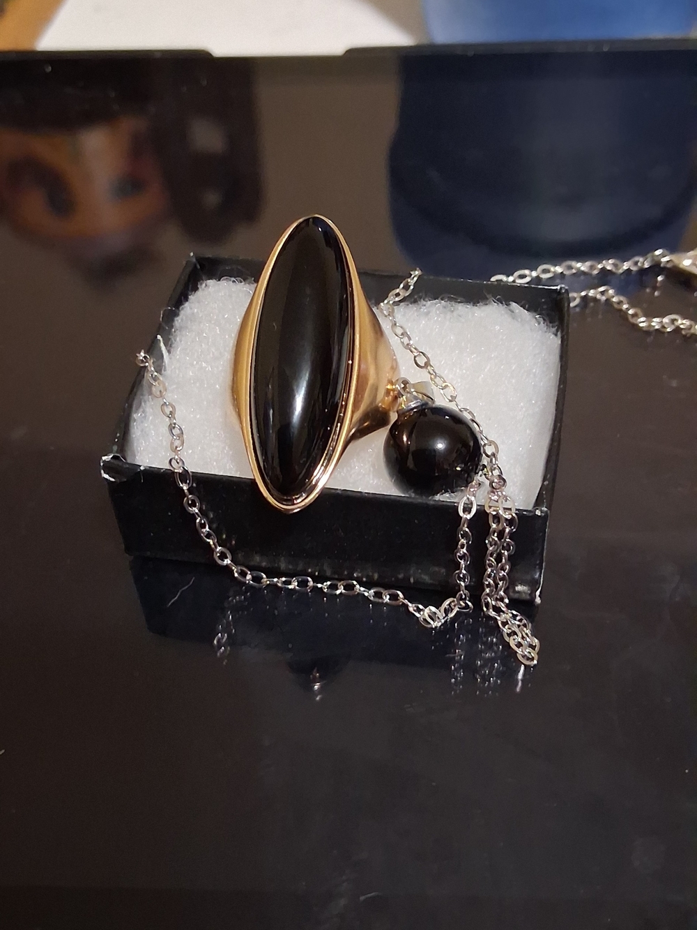 Gold-Tone Ring with Black Cabochon for Women